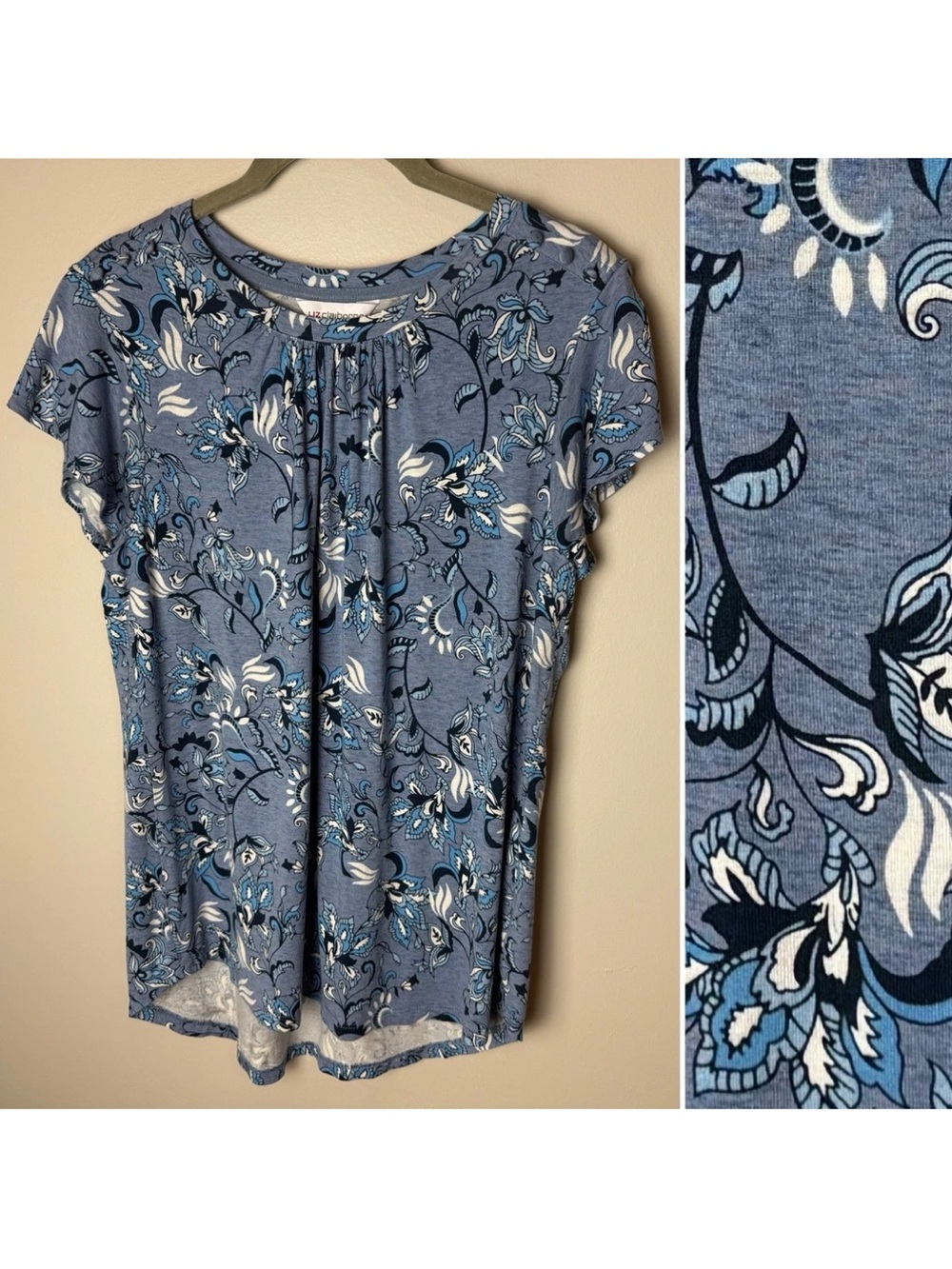Liz Claiborne Top Size Medium Short Sleeves Floral Stretch Blue White Paisley